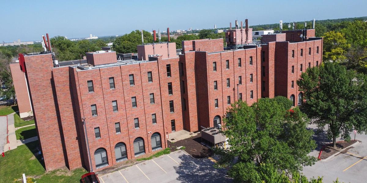 Aerial view of Centennial Hall from the west side of the wide building