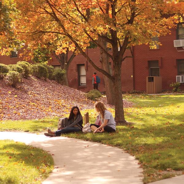 On a beautiful fall day, two young women sit under a tree.
